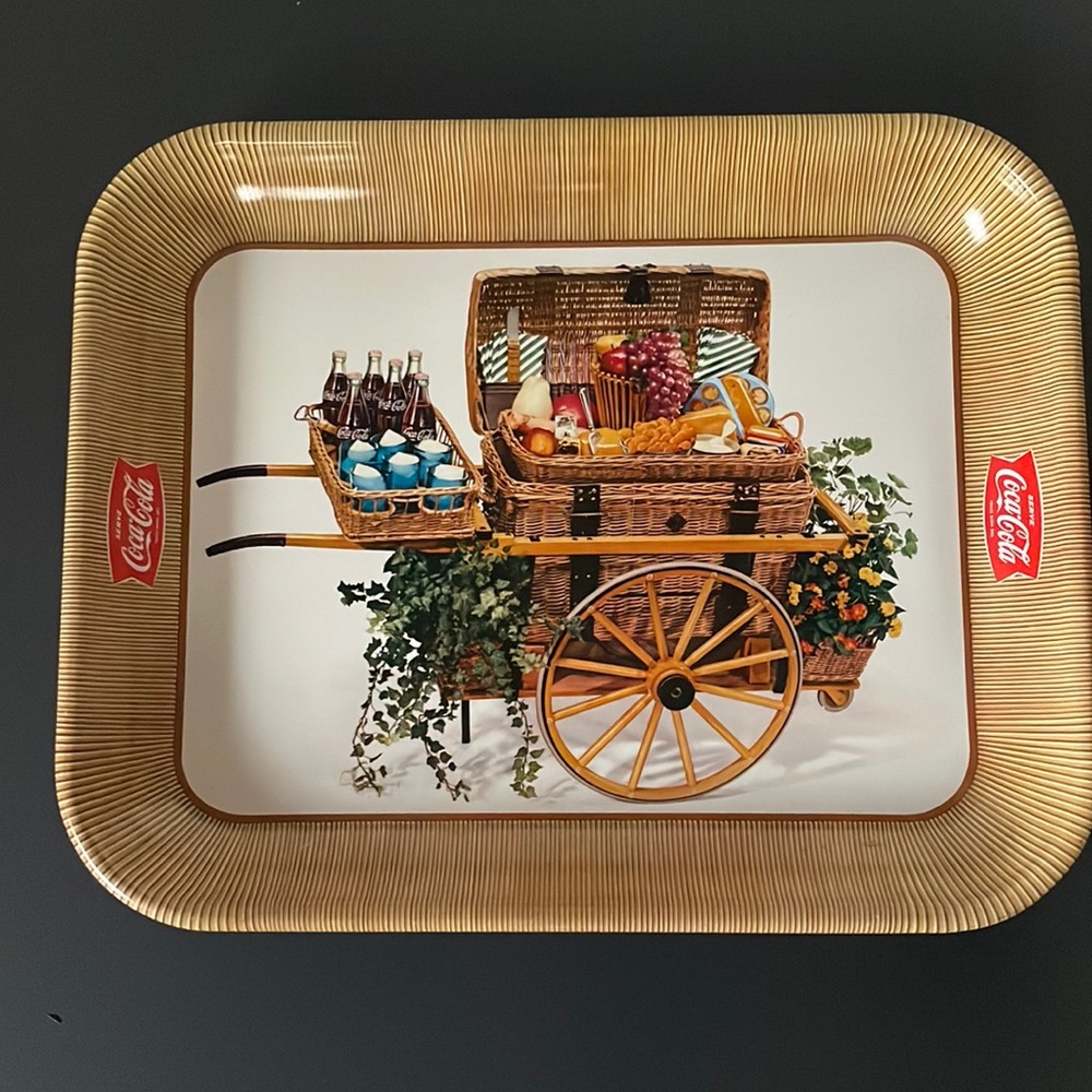 Coca Cola Tin Serving Tray Garden Cart Picnic Basket Coke Collectible Vintage